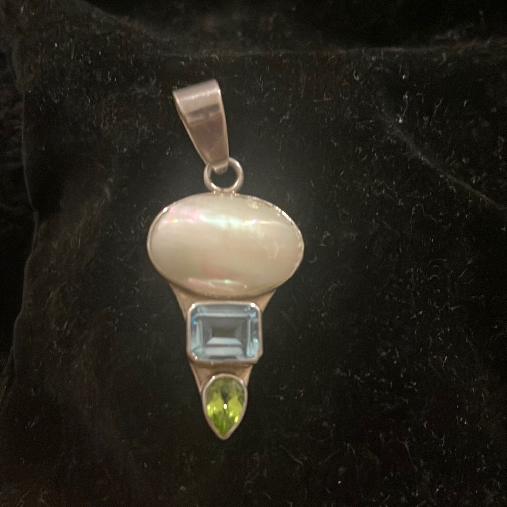 Charles Albert Sterling Silver Mother of Pearl Blue Topaz and Peridot Pendent